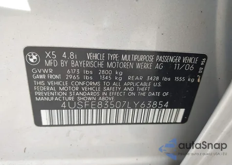 2007 BMW X5 4.8I from USA, damaged, VIN 4USFE83507LY63854